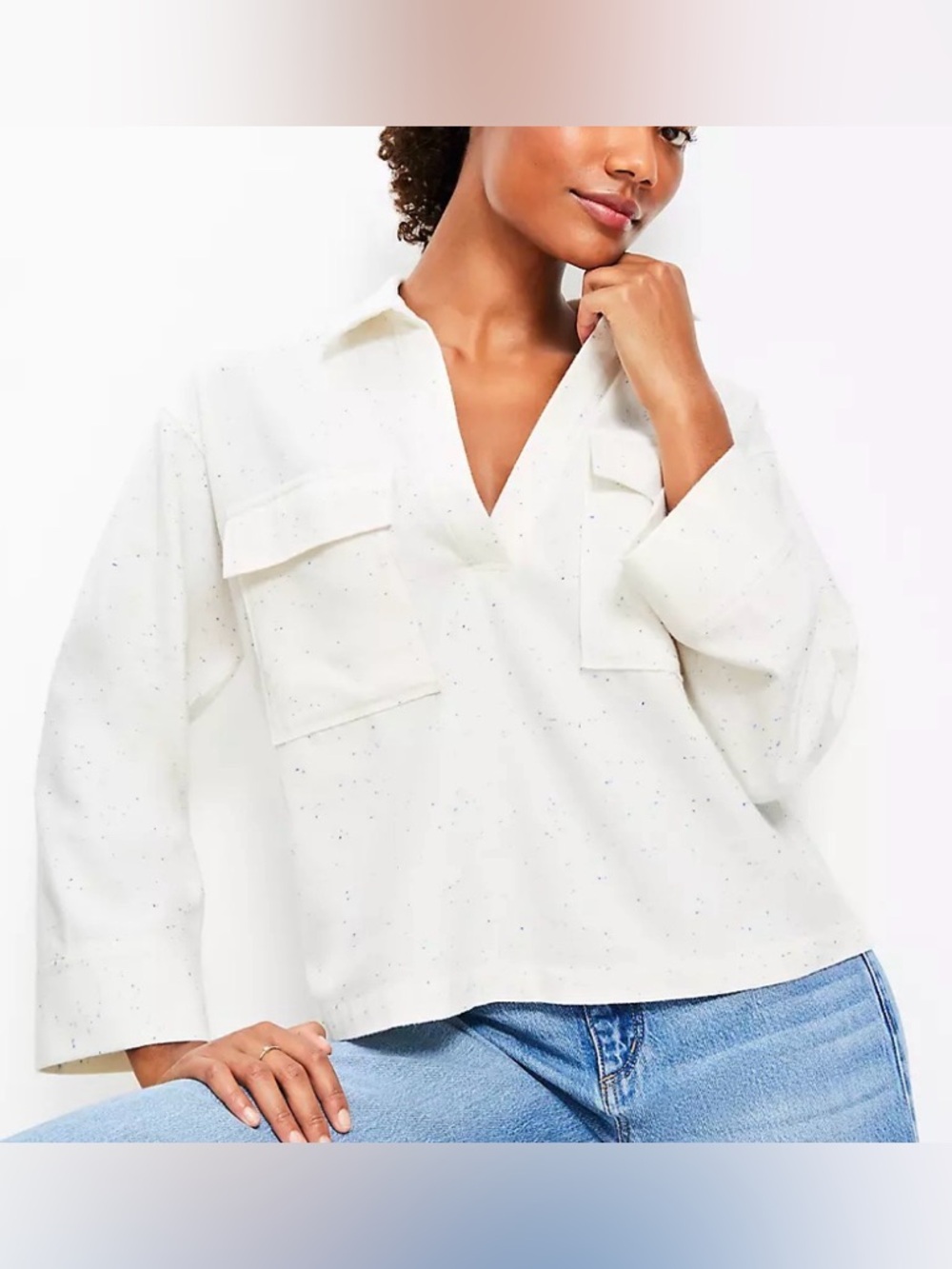 LOFT White Blue Speckled V Neck Long Sleeve Pocket Blouse Size S